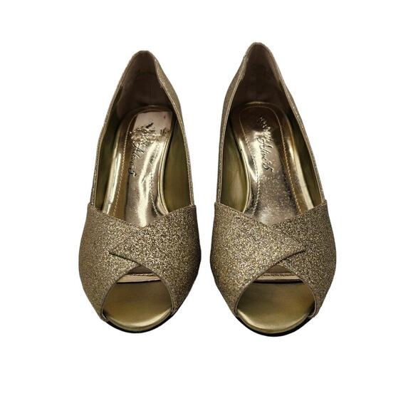 Gold Heels Womens Size 7.5 Sparkle Glitter Glam Wedding Dress Peep Toe Metallic - Picture 7 of 16